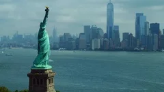 Aerial drone orbit Statue of Liberty New York