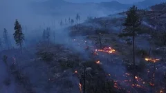 Forest fire from above in 4k drone shot. BC British Columbia Okanagan wildfire