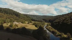 Aerial drone shot of Wye river & Valley, beautiful countryside landscape, Wales