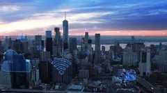 New York City skyline. Futuristic city.  5G, Wireless network, cloud computing.