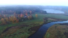 Flight over the Mikhailovskoe, morning (aerial video). Pushkin Mountains