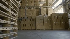 Cardboard Boxes on shelves Inside Storage. Warehouse complex. Logistics Terminal