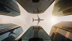 Airplane flying above skyscrapers and reflects in glass modern facades.