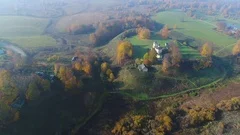 View on the Trigorskoe, October morning (aerial video). Pushkin Mountains