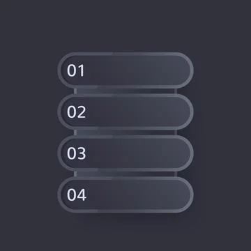 1, 2, 3, 4 steps, progress bar design in dark Illustrazione stock