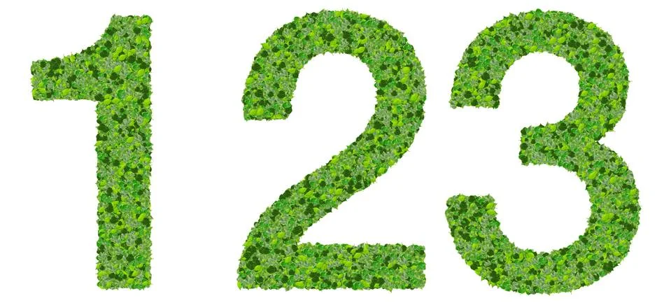 1 2 3 digits made from green leaves isolated on white background. Stock Illustration