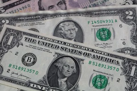 1, 2, 5 US dollar banknotes Stock Photos