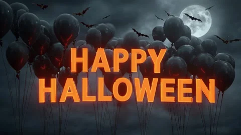 1 46 A bunch of spooky balloons floating in the night sky with bat 058c2a55 Stock Footage 318235104