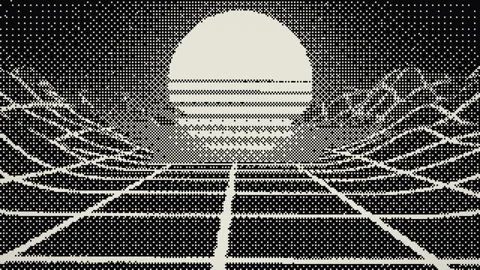 1-bit dithered synthwave grid landscape flyover toward a striped setting su.. Stock Footage 347711368