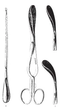 1. Button to peak and curette, 2. Forceps jaw rights, 3. Curved Stockillustratie