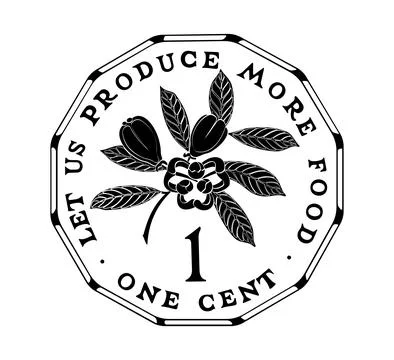 1 cent 1975 to 2002 reverse, Jamaica. Ackee fruit above value, legend around. Stock Illustration