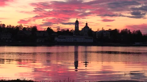 1. Church in the reflection of water at sunset Stock Footage