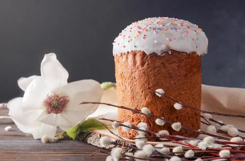 1 easter cake with willow twigs,  magnolia flower, Stock Photos