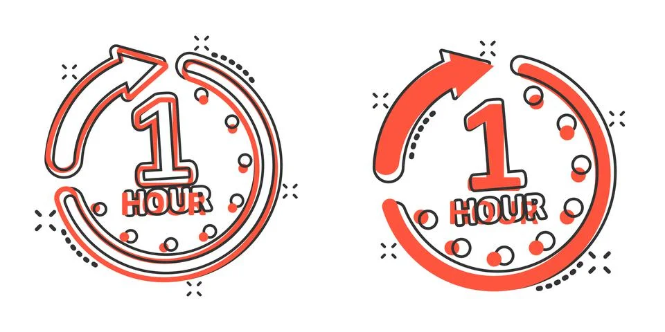 1 hour clock icon in comic style. Timer countdown cartoon vector illustration Illustrazione stock