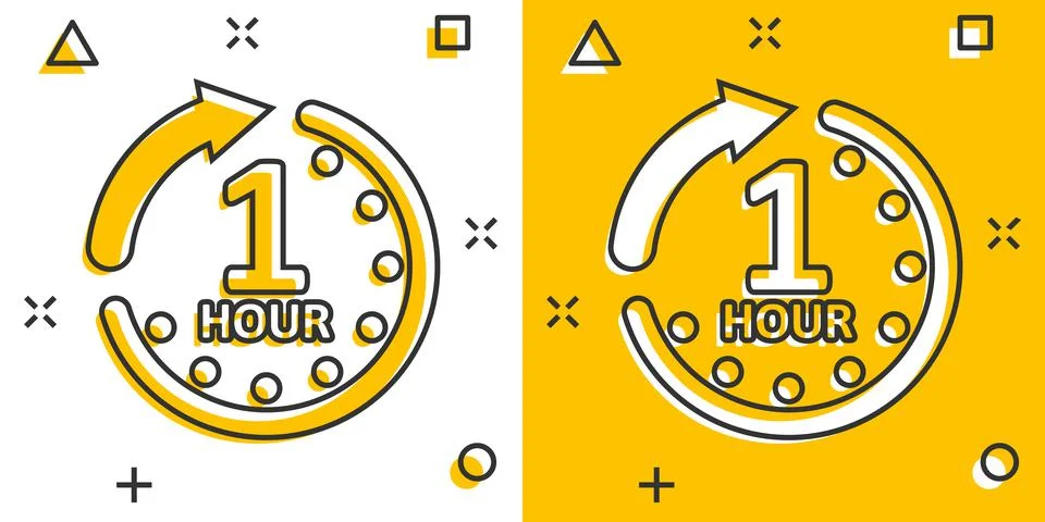 1 hour clock icon in comic style. Timer countdown cartoon vector illustration 스톡 일러스트