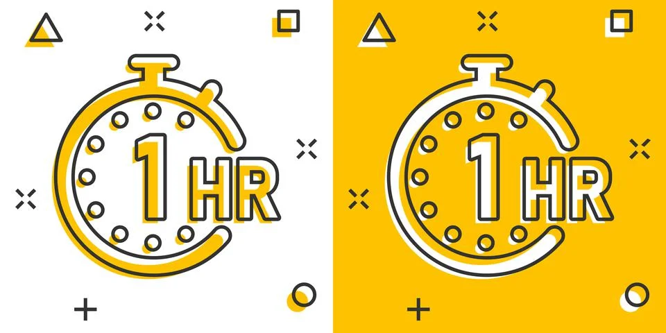 1 hour clock icon in comic style. Timer countdown cartoon vector illustration Illustrazione stock