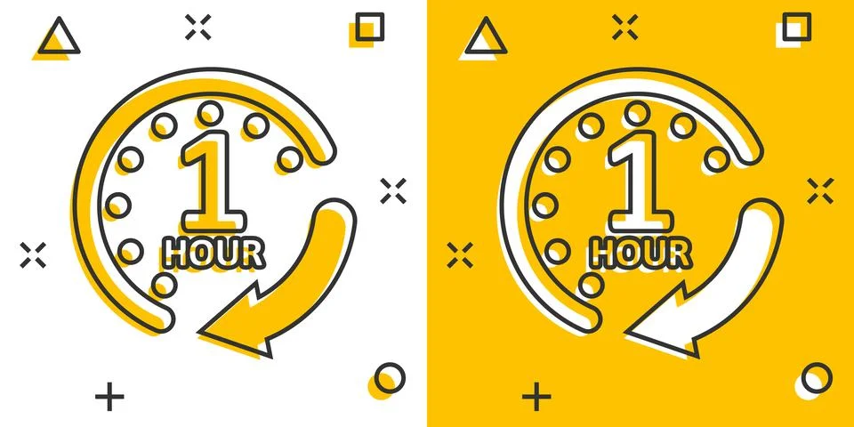 1 hour clock icon in comic style. Timer countdown cartoon vector illustrati.. Illustrazione stock