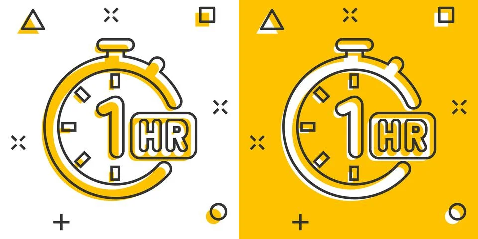 1 hour clock icon in comic style. Timer countdown cartoon vector illustrati.. Illustrazione stock