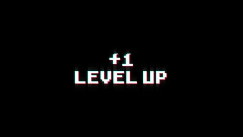 +1 level up animation of looped text glitch video game screen effect Video stock 313060710
