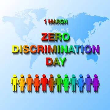 1 March Zero Discrimination Day rainbow text on blue world map 스톡 일러스트