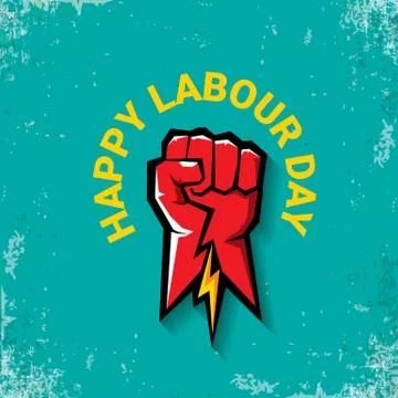 1 may Happy labour day vector label with strong red fist on torquise background Stock Illustration