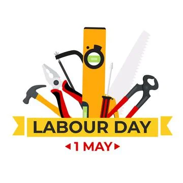 1 May Happy labour day background with working tools. illustration Stock Illustration