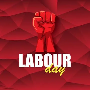 1 may Happy labour day vector label with strong protest fist in the air on Stock Illustration
