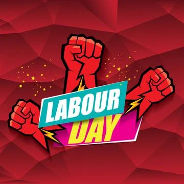 1 may Happy labour day vector label with strong protest fist in the air on Stock Illustration