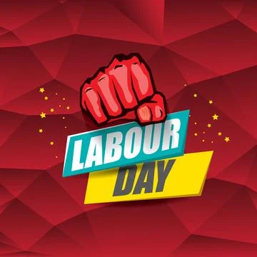 1 may Happy labour day vector label with strong protest fist in the air on Stock Illustration