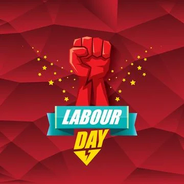 1 may Happy labour day vector label with strong protest fist in the air on Stock Illustration