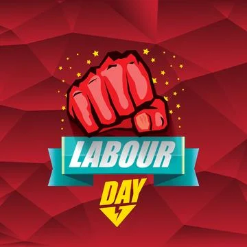 1 may Happy labour day vector label with strong protest fist in the air on Stock Illustration