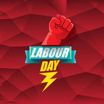 1 may Happy labour day vector label with strong protest fist in the air on Stock Illustration