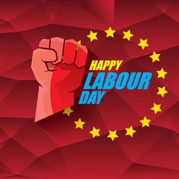 1 may Happy labour day vector label with strong protest fist in the air on Stock Illustration