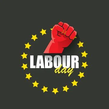 1 may Happy labour day vector label with strong protest fist in the air on grey Stock Illustration