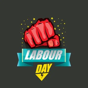 1 may Happy labour day vector label with strong protest fist in the air on grey Stock Illustration