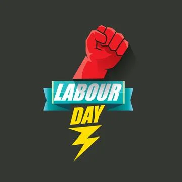 1 may Happy labour day vector label with strong protest fist in the air on grey Stock Illustration