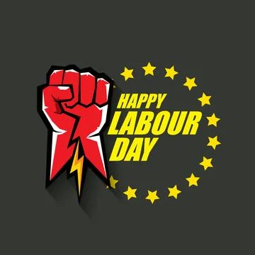 1 may Happy labour day vector label with strong protest fist in the air on grey Stock Illustration