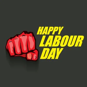 1 may Happy labour day vector label with strong protest fist in the air on grey Stock Illustration