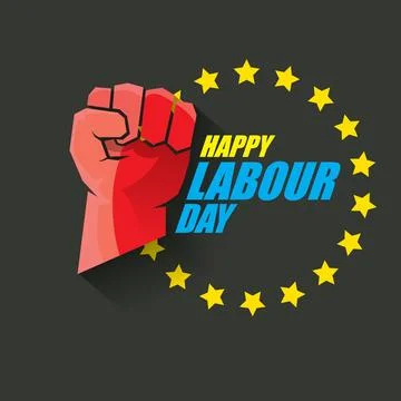 1 may Happy labour day vector label with strong protest fist in the air on grey Stock Illustration