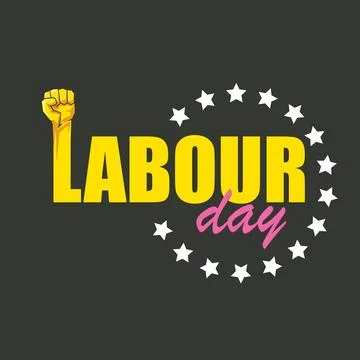 1 may Happy labour day vector label with strong protest fist in the air on grey Stock Illustration