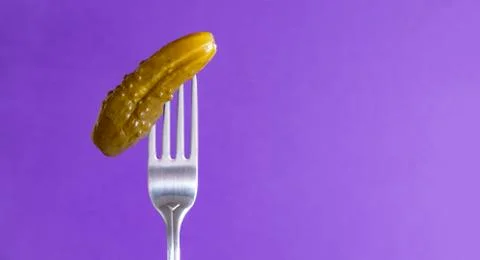 1 pickle, pickled cucumber with a fork on a purple background, vegetables Stock Photos