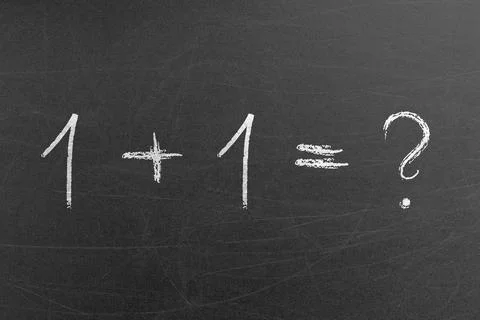 1 plus 1 math equation formula with question mark on a chalkboard Stock Photos