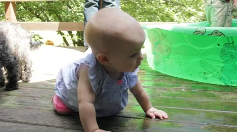 1 year old crawls on wet porch before sitting down Stock Footage 40028904