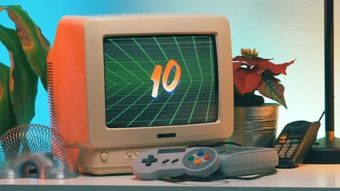 10 to 0 Countdown on Old Vintage TV Computer Screen from 80s 90s Retro Stock Footage 102345452