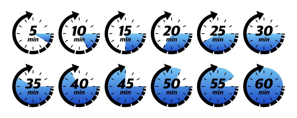 10, 15, 20, 25, 30, 35, 40, 45, 50 min, great design for any purposes. Vector Stock Illustration