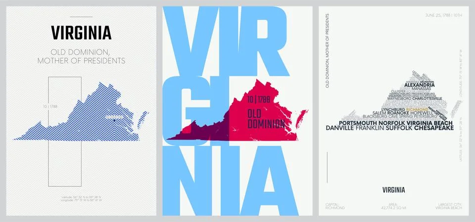10 of 50 sets, US State Posters with name and Information in 3 Design Styles, Stock Illustration