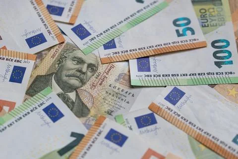 10 Bulgarian Lev Note Surrounded by Euro Banknotes Stock Photos