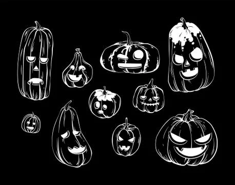 10 Carved pumpkins in shapes and sizes, Jack o'lantern with white line on black Stock Illustration
