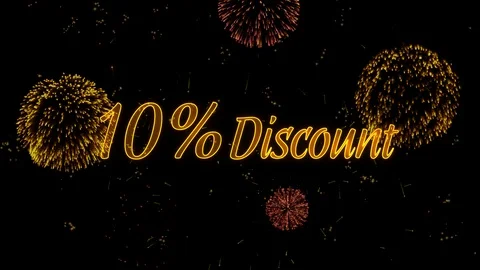 10 Discount Greeting text with particles, colored fireworks, sparks and stars Stock Footage 99062050