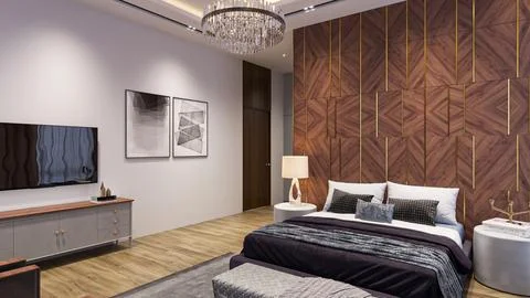 10 Essential Elements of a Modern Bedroom Design luxury living with bedroom.. Stock-Illustration